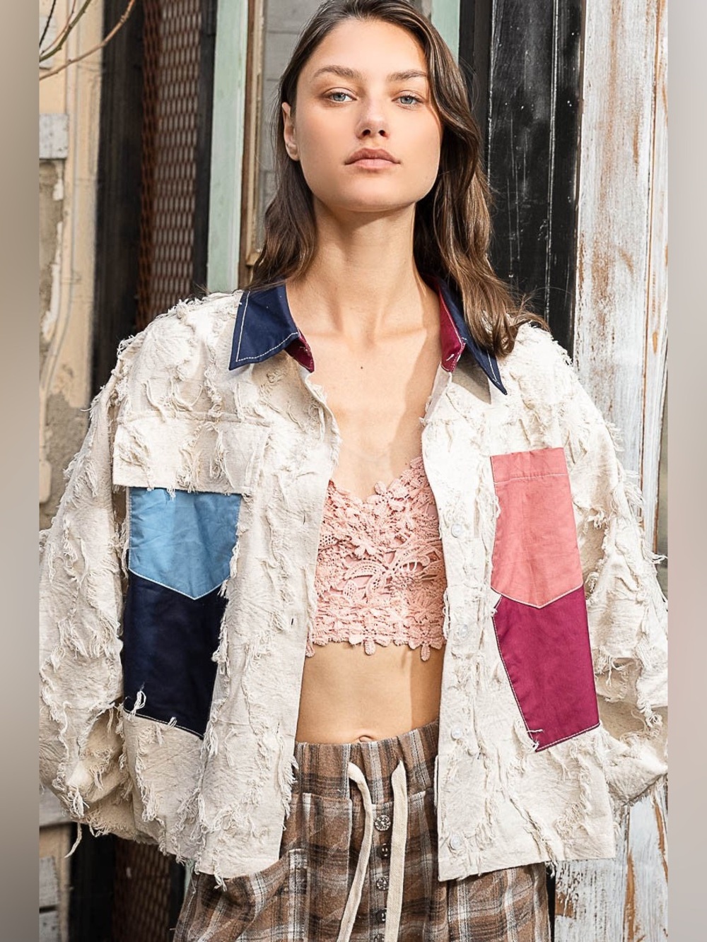 POL Patchwork Textured Top/Shacket - Picture 3 of 4